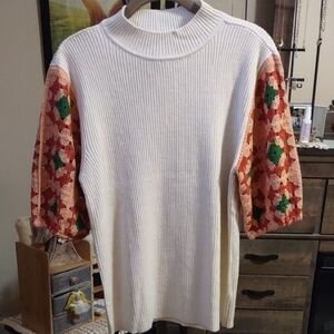 Cato Cream Ribbed Sweater with Crochet Floral Puff Sleeves in Coral & Green